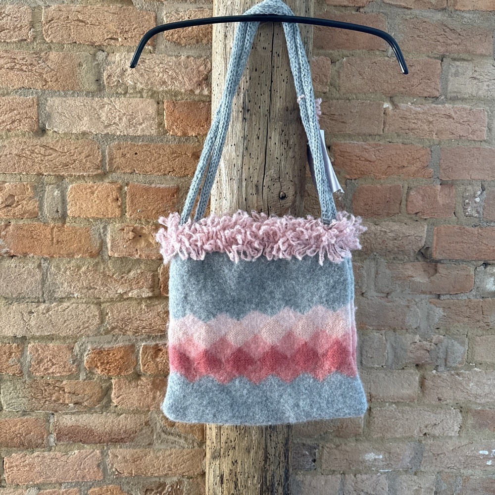 Upcycled Pink Grey Sweater‎ Bag Market Tote Double Handle Hobo OOAK Lined